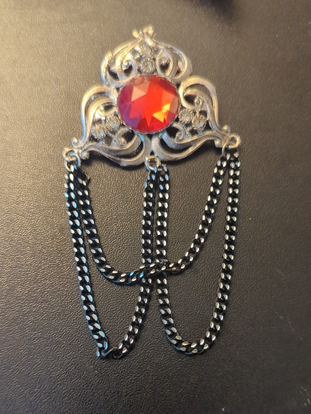 Vintage 1960s Filigree And Faceted Red Glass Brooch